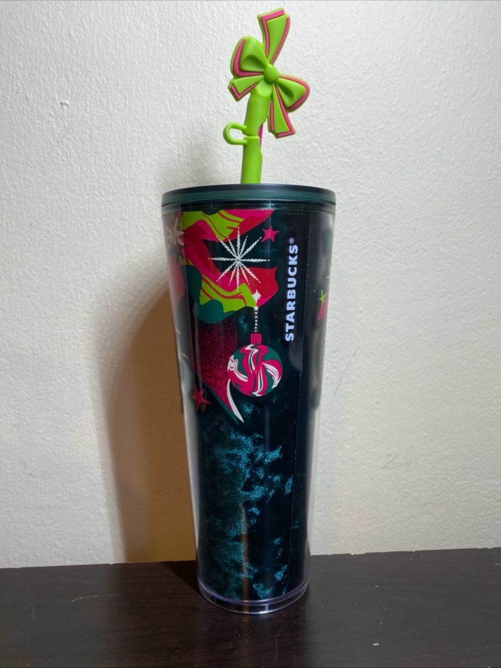 Starbucks Teal Shimmer Holiday Tumbler with Lime Green Bow Straw